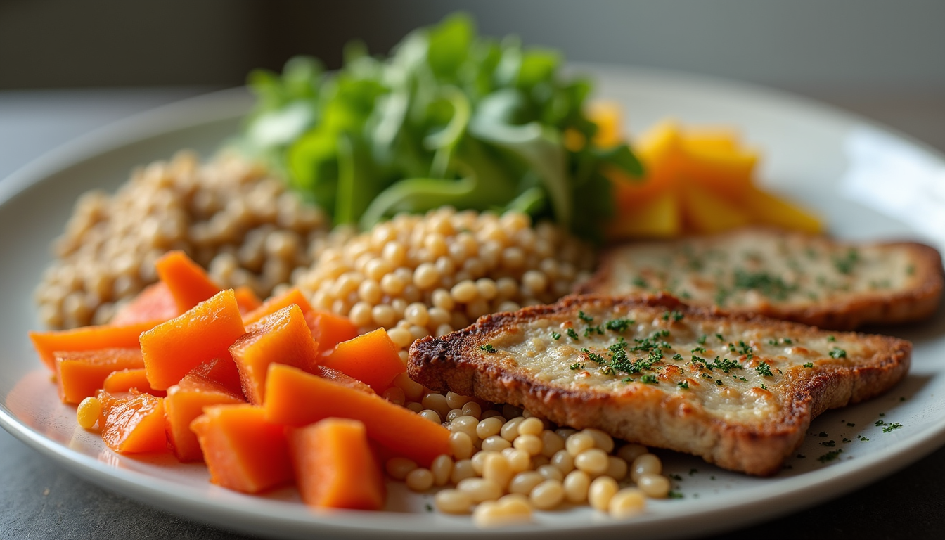 Close-up view of a colorful plate with a balanced meal including vegetables, grains, and protein