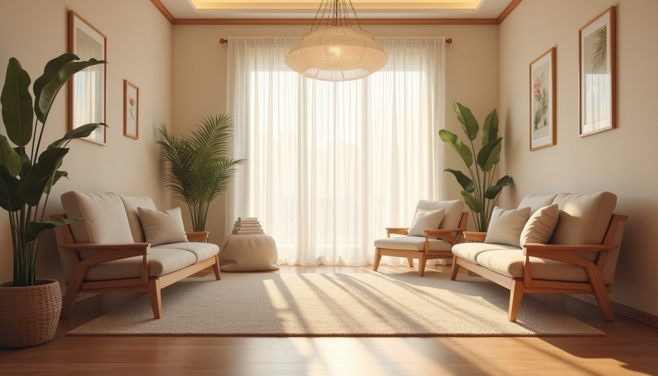 Eye-level view of a calm therapy room with soft lighting and comfortable chairs