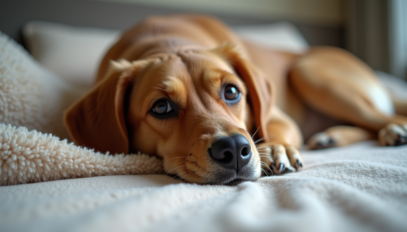 Close-up view of a calm dog resting on a soft blanket