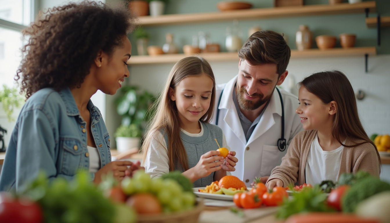 Close-up view of a nutrition counselor discussing healthy food options with a family
