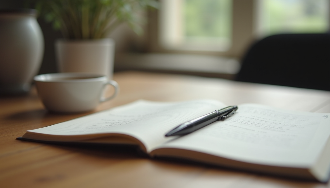 Close-up view of a journal and pen on a wooden table, symbolizing personal growth and reflection
