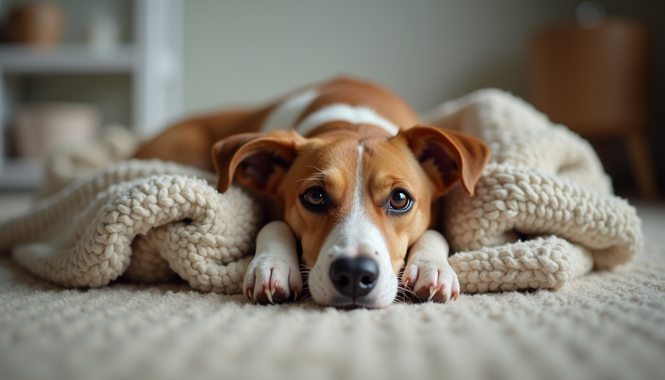 Eye-level view of a calm dog resting on a soft blanket in a cozy corner