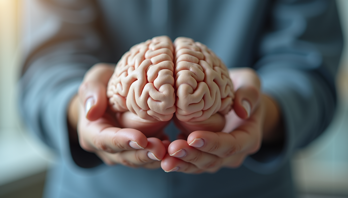 Close-up view of a therapist’s hand holding a brain model during a session
