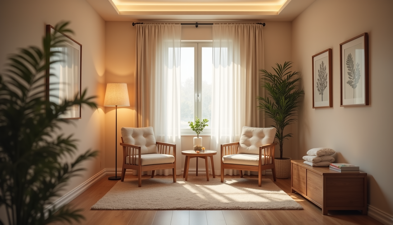 Eye-level view of a cozy therapy room with soft lighting and comfortable chairs