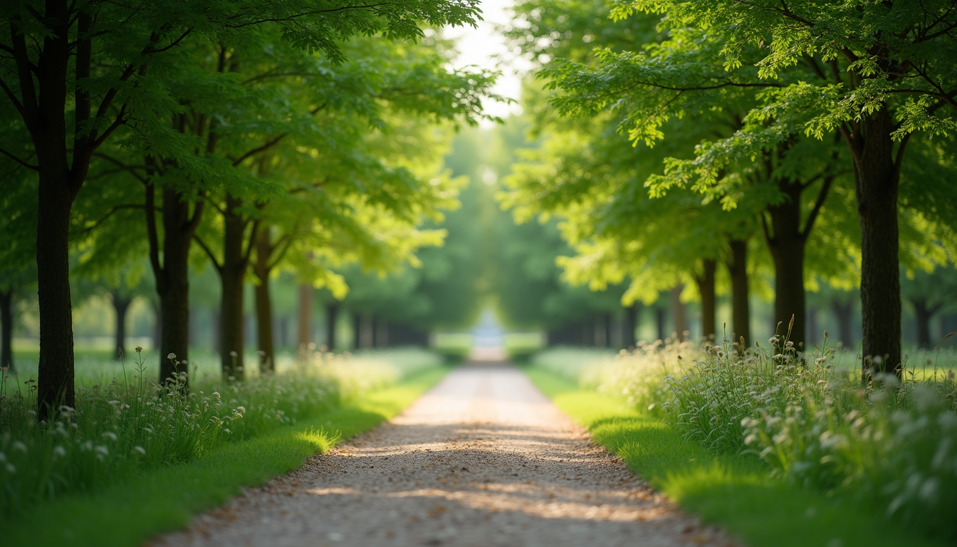 Eye-level view of a peaceful garden path surrounded by green trees