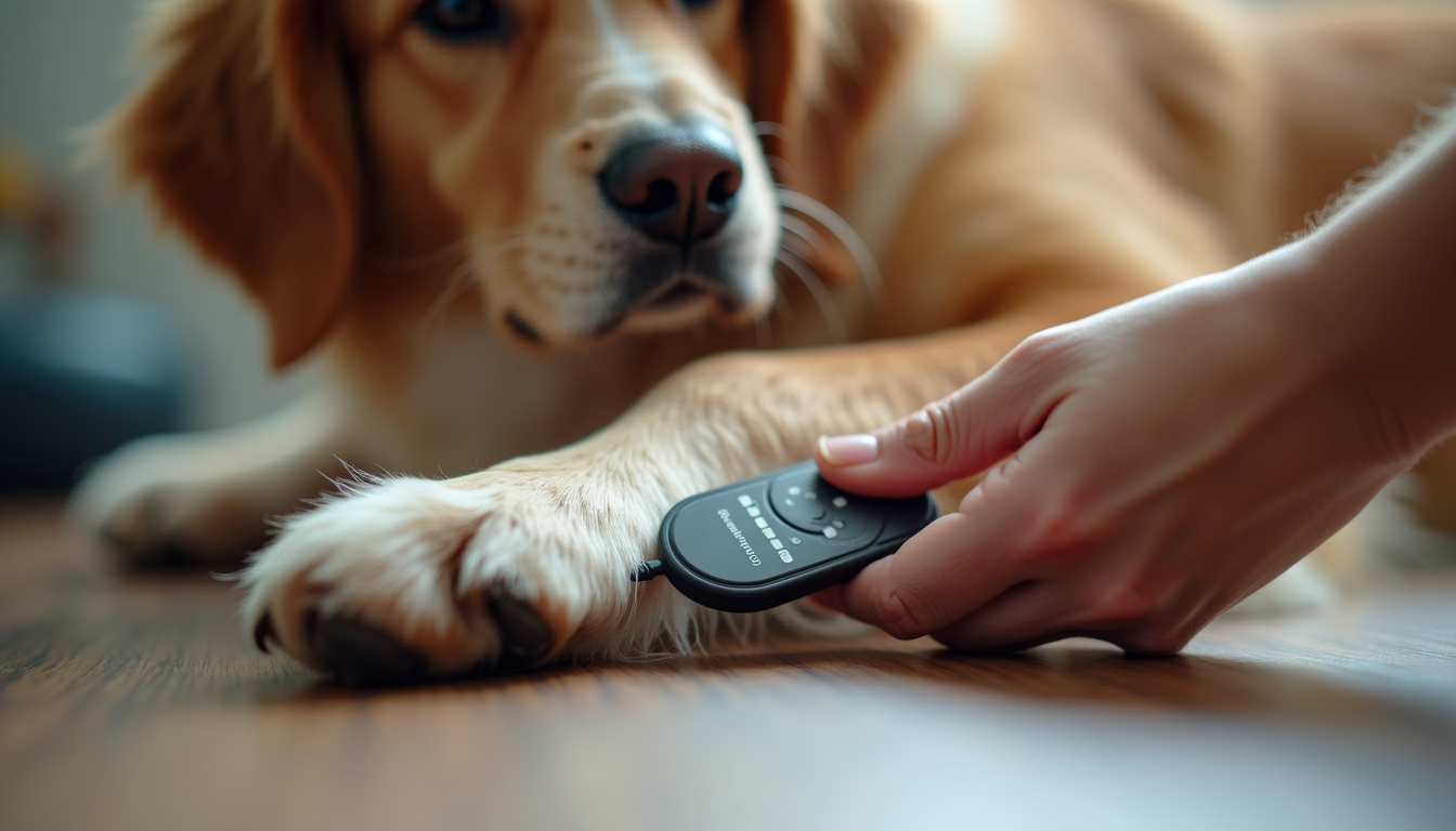 Close-up view of a pet biofeedback sensor gently attached to a dog's paw