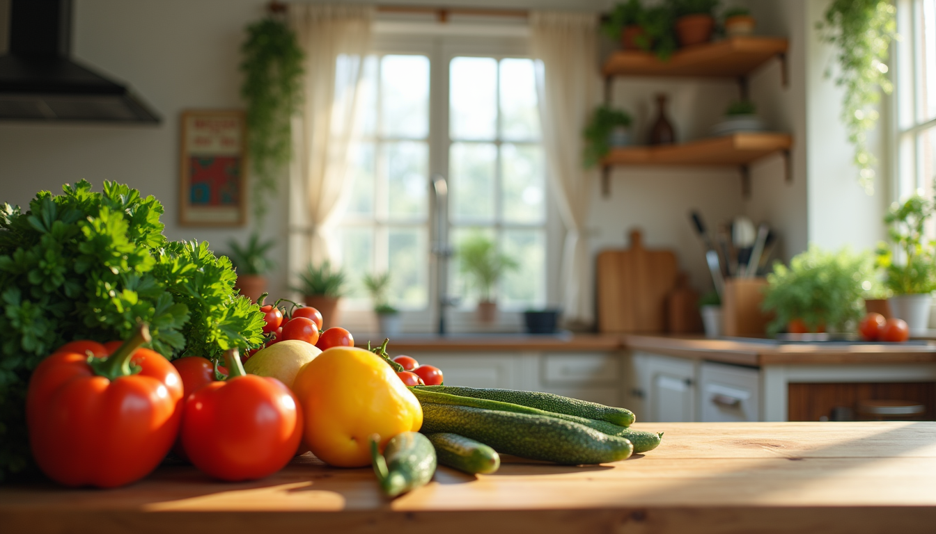 Eye-level view of a cozy kitchen with fresh vegetables and fruits on the counter