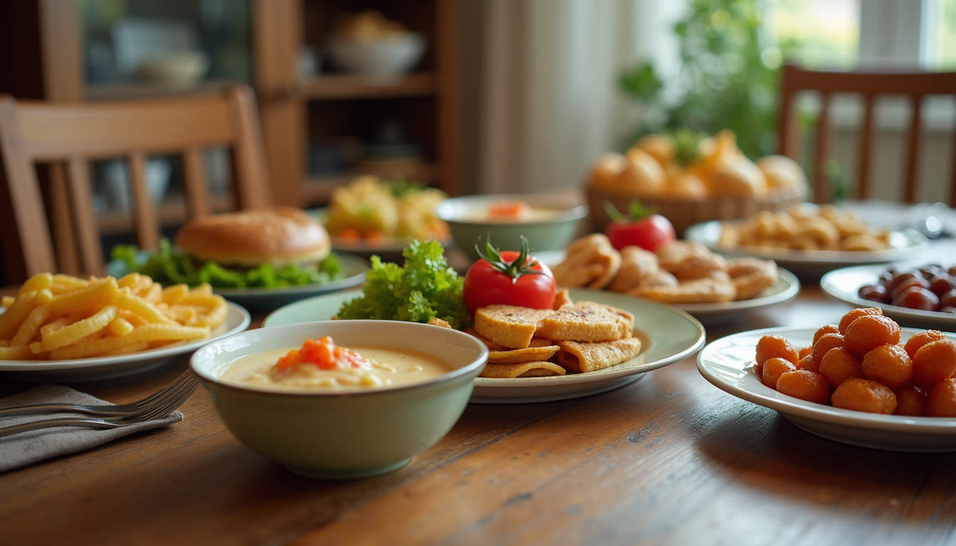 Eye-level view of a colorful family meal spread on a wooden table
