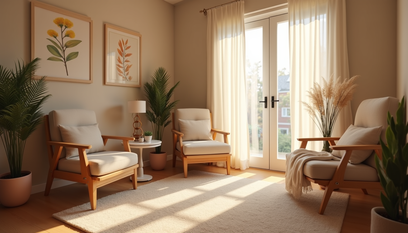 Eye-level view of a cozy therapy room with soft lighting and comfortable chairs
