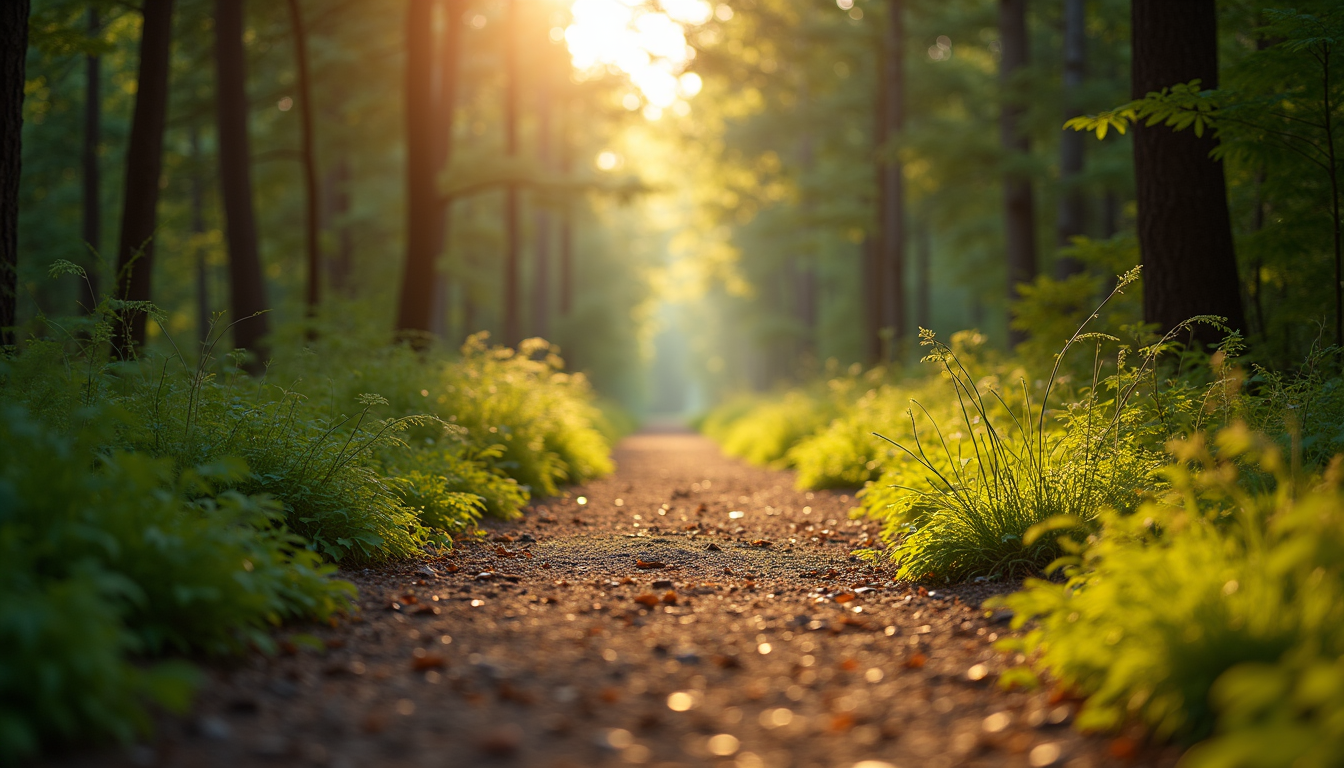 Close-up view of a peaceful forest path with sunlight filtering through trees
