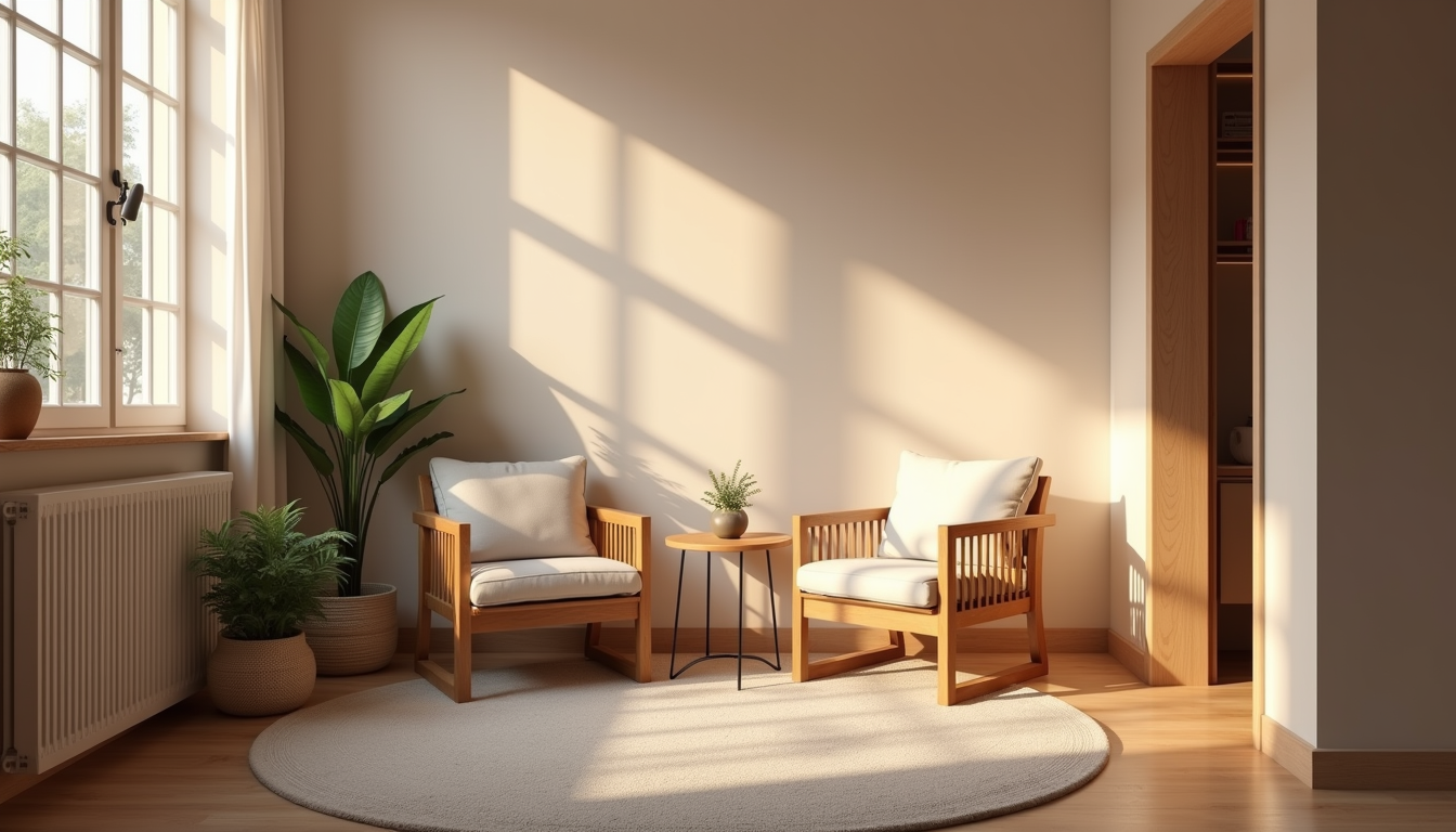 Eye-level view of a cozy therapy room with soft lighting and comfortable chairs