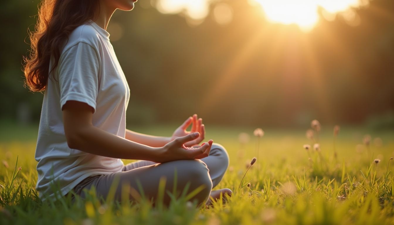 Close-up view of a person practicing mindfulness meditation in a peaceful outdoor setting