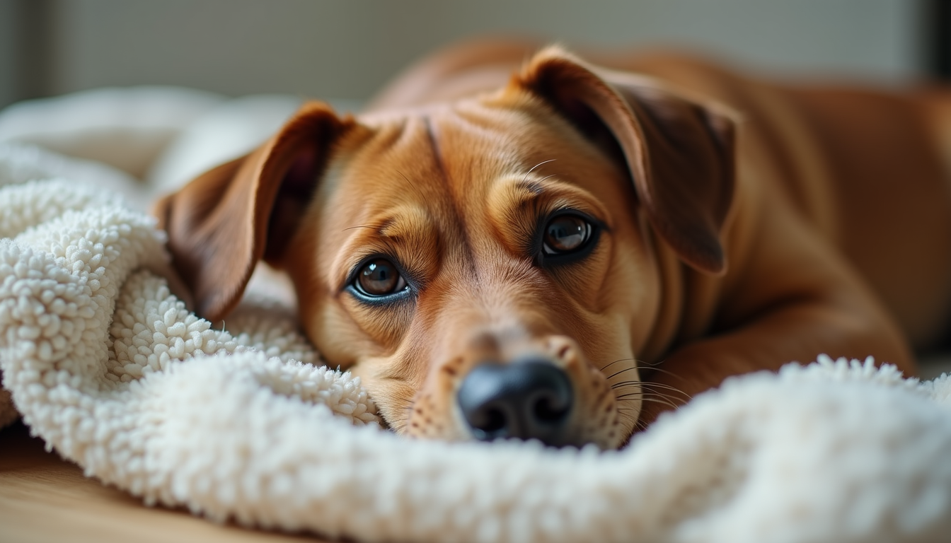 Close-up view of a calm dog resting on a soft blanket