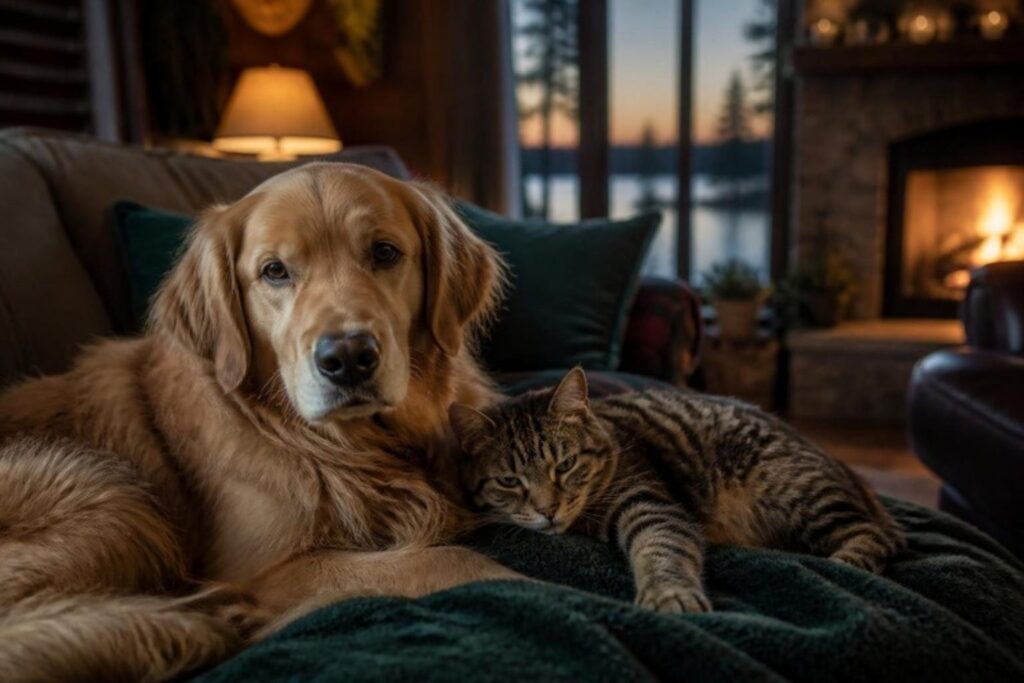 Calm golden retriever and tabby cat resting together at home in Minnesota