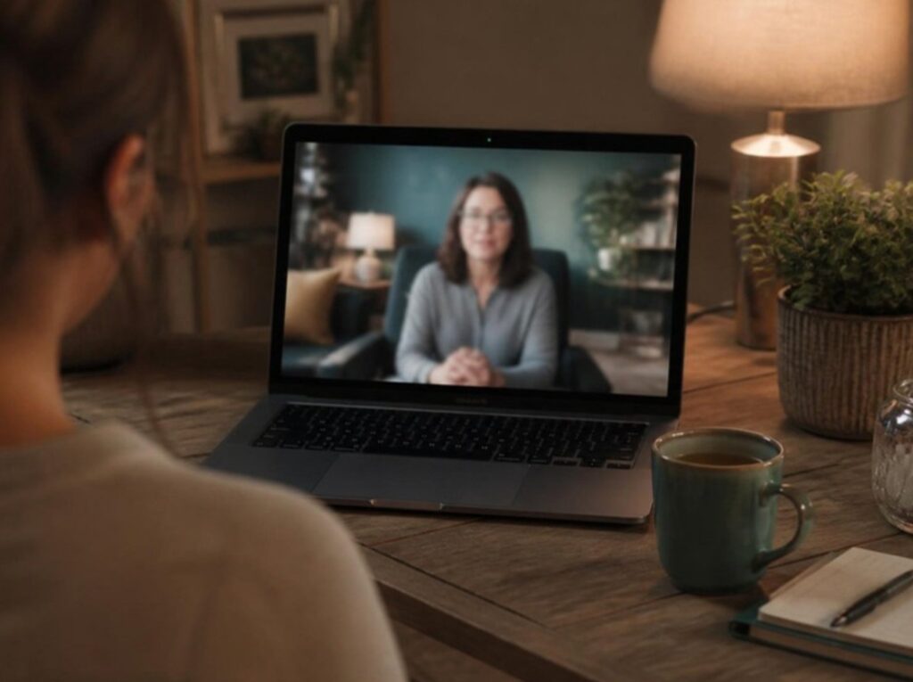 Telehealth therapy session on a laptop, available throughout Minnesota
