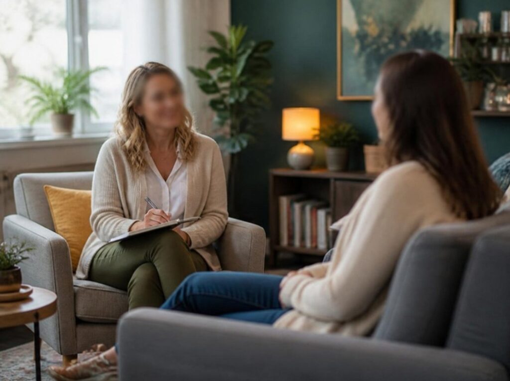 Therapist meeting with a client in a calm counseling office in Forest Lake, MN